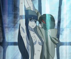 Rule 34 | 10s, 2girls, animated, animated gif, black hair, chained wrists, commentary, convenient censoring, dungeon, eyebrows, hair censor, hair over breasts, hood, hug, injury, kill la kill, kiryuuin satsuki, long hair, lowres, matoi ryuuko, multicolored hair, multiple girls, nude, sad, scratches, short hair, streaked hair, thick eyebrows, translation request, trunchbull, untying, alternate universe