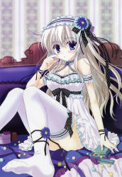 Rule 34 | absurdres, anklet, armband, armlet, blue eyes, blush, candy, collar, cuffs, eating, feet, flower, food, frills, hair ribbon, headdress, highres, jewelry, long hair, looking at viewer, nanao naru, no shoes, open mouth, ribbon, silver hair, sitting, solo, thighhighs, toes, white thighhighs