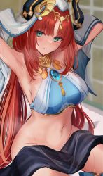 Rule 34 | 1girl, absurdres, aqua eyes, armpits, arms up, blush, bottomless, breasts, circlet, commentary request, cowboy shot, crop top, efuri (riarea00), forehead jewel, genshin impact, gold trim, groin, highres, horns, jewelry, large breasts, long hair, looking at viewer, low twintails, navel, neck ring, nilou (genshin impact), no panties, parted bangs, parted lips, red hair, see-through, sitting, sleeveless, solo, stomach, sweat, thighs, towel, twintails, veil