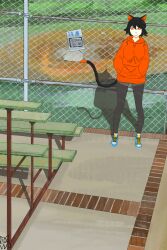 Rule 34 | absurdres, animal ears, baseball, bleachers, cat ears, cat girl, chain-link fence, fence, highres, hood, hoodie, leggings, light smile, non-web source, original, outdoors, self-upload, shoes, short shorts, shorts, sneakers, solo