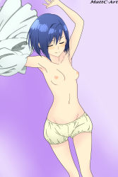 Rule 34 | 1girl, absurdres, arms up, blue hair, blush, breasts, closed mouth, darling in the franxx, closed eyes, female focus, highres, ichigo (darling in the franxx), mattc-art, medium breasts, medium hair, nipples, purple background, simple background, solo, standing, tagme, topless, undressing