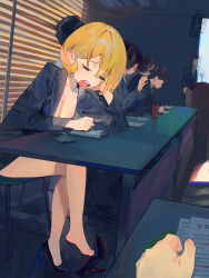 Rule 34 | 2girls, 5boys, bare legs, black footwear, black hair, black jacket, black skirt, blonde hair, breasts, cellphone, cleavage, closed eyes, collarbone, commentary request, crossed legs, eyelashes, feet, full body, head rest, high heels, highres, holding, indoors, jacket, leaning forward, legs, medium breasts, medium hair, multiple boys, multiple girls, notepad, office lady, open mouth, original, parted bangs, pen, pencil skirt, phone, pov, pumps, red soles, sekoshi (some1else45), shadow, shoe dangle, shoes, sitting, skirt, smartphone, some1else45, stiletto heels, teeth, thighs, toe cleavage, toes, upper teeth only, yawning