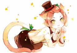Rule 34 | 10s, :3, animal ears, black skirt, cat ears, cat tail, earrings, hat, hello hoshi wo kazoete, hoshizora rin, jewelry, kemonomimi mode, leaning forward, looking at viewer, love live!, love live! school idol festival, love live! school idol project, orange hair, paw pose, shirt, short hair, simple background, skirt, solo, star (symbol), suspenders, tail, tg, top hat, white background, white shirt, yellow eyes