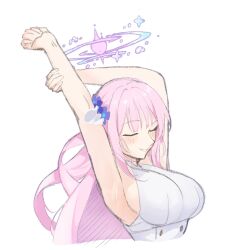 Rule 34 | 1girl, arm up, armpits, blue archive, blush, breasts, closed eyes, dress, hair ornament, hair scrunchie, halo, highres, large breasts, long hair, mika (blue archive), pink hair, pink halo, scrunchie, shirt, smile, smugigante, stretching, white dress, white shirt