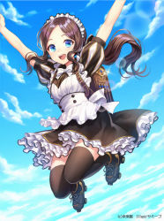 Rule 34 | 1girl, apron, arms up, artist name, backpack, bag, black footwear, black skirt, black thighhighs, blue eyes, blue sky, blush, bow, bowtie, brown hair, child, cloud, commentary request, day, fate/grand order, fate (series), frilled skirt, frills, glint, inline skates, jumping, lens flare, leonardo da vinci (fate), leonardo da vinci (fate/grand order), leonardo da vinci (rider) (fate), leonardo da vinci (rider) (second ascension) (fate), looking at viewer, maid, maid headdress, midair, outdoors, parted bangs, puffy short sleeves, puffy sleeves, randoseru, roller skates, round teeth, short sleeves, skates, skirt, sky, solo, teeth, thighhighs, upper teeth only, white apron, white bow, white bowtie, yamigo