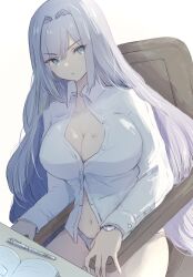 Rule 34 | 1girl, absurdres, arm rest, armchair, blue eyes, book, breasts, chair, chest tattoo, cleavage, closed mouth, collared shirt, commentary request, dutch angle, ethel (xenoblade), grey hair, grey panties, hair intakes, highres, large breasts, long hair, long sleeves, looking at viewer, navel, open book, panties, partially unbuttoned, pen, shirt, sitting, solo, table, takumi (user xmwf4727), tattoo, underwear, white background, white shirt, xenoblade chronicles (series), xenoblade chronicles 3