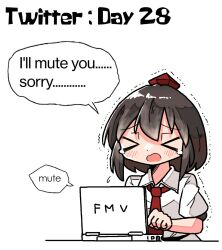 Rule 34 | &gt;o&lt;, 1girl, black hair, closed eyes, computer, english text, hat, kasuya baian, laptop, necktie, open mouth, red hat, red necktie, shameimaru aya, short hair, short sleeves, simple background, solo, speech bubble, tearing up, tokin hat, touhou, trembling, white background