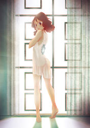 Rule 34 | 1girl, ass, barefoot, brown eyes, brown hair, camisole, crayon shin-chan, curtains, eo (eooo), from behind, full body, indoors, lingerie, long hair, looking at viewer, looking back, nohara misae, see-through, smile, solo, standing, transparent, underwear, window
