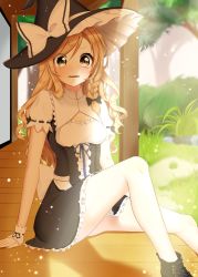 Rule 34 | 1girl, absurdres, ankle boots, arm support, bad id, bad pixiv id, black bow, black footwear, blonde hair, blue ribbon, boots, bow, braid, cleavage cutout, clothing cutout, cross-laced footwear, fangs, frills, grass, hair between eyes, hair bow, hat, hat bow, highres, kirisame marisa, lace-up boots, long hair, looking at viewer, ribbon, ribbon-trimmed sleeves, ribbon trim, shinonome asu, short sleeves, single braid, sitting, solo, touhou, tree, white bow, witch hat, wrist cuffs, yellow eyes