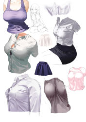Rule 34 | bra, breasts squeezed together, breasts, center opening, collared shirt, covered erect nipples, dress shirt, grey shirt, kaisen chuui, large breasts, long sleeves, original, partially unbuttoned, popped button, shirt, shirt tucked in, sketch, skin tight, t-shirt, tank top, underwear, white background, white shirt