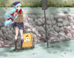 Rule 34 | 1girl, absurdres, alternate costume, beret, bird, blue eyes, blue hair, blue skirt, blush, boots, brown jacket, bus stop, chicken, eyelashes, full body, gloves, hair ornament, hairband, hat, highres, jacket, leg warmers, long hair, looking away, mittens, outdoors, punkit, red scarf, road sign, scarf, shirayuki (warship girls r), sign, skirt, skirt under skirt, smile, solo, standing, suitcase, thighhighs, warship girls r, wavy hair, white thighhighs, wind, zettai ryouiki