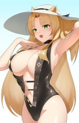 Rule 34 | 1girl, absurdres, animal ears, aoi mochio, arknights, black one-piece swimsuit, blonde hair, breasts, fang, gradient background, green eyes, hat, highres, large breasts, long hair, navel, one-piece swimsuit, sun hat, swimsuit, swire (arknights), tiger ears