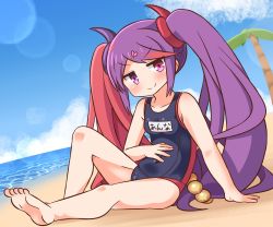 Rule 34 | 1girl, absurdres, bare arms, bare legs, bare shoulders, barefoot, beach, blue one-piece swimsuit, blue sky, blush, breasts, broken heart, closed mouth, cloud, commentary request, covered navel, day, hair ornament, hairclip, hana kazari, heart, heart hair ornament, highres, horizon, knee up, long hair, misaki (princess connect!), multicolored hair, name tag, ocean, old school swimsuit, one-piece swimsuit, outdoors, princess connect!, purple eyes, purple hair, red hair, sand, school swimsuit, sitting, sky, small breasts, smile, soles, solo, split mouth, swimsuit, twintails, two-tone hair, very long hair, water
