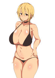 Rule 34 | 1girl, bikini, black bikini, blonde hair, blush, breasts, brown eyes, cleavage, closed mouth, commentary request, cowboy shot, hair between eyes, highres, huge breasts, large breasts, looking at viewer, original, seihekiog, shiny skin, short hair, simple background, solo, standing, swimsuit, white background