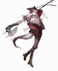 Rule 34 | 1girl, absurdres, animal ears, arknights, arm over head, axe, beanie, black pantyhose, black skirt, boots, coat, commentary request, detached collar, detached sleeves, ears through headwear, fox ears, fox girl, fox tail, frostleaf (arknights), full body, grey hair, grey shirt, hand in pocket, hat, highres, holding, holding axe, holding polearm, holding weapon, long hair, long sleeves, looking at viewer, material growth, miniskirt, off-shoulder shirt, off shoulder, oripathy lesion (arknights), oversized clothes, pantyhose, polearm, red coat, red eyes, sawatani ( swt2), shirt, simple background, skirt, solo, tail, weapon, white background, wind, wind lift