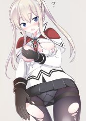 Rule 34 | 1girl, black gloves, black pantyhose, black skirt, blonde hair, blue eyes, blush, breasts, capelet, covering privates, covering breasts, cross, fathom, flying sweatdrops, gloves, graf zeppelin (kancolle), grey background, iron cross, kantai collection, long hair, long sleeves, military, military uniform, no headwear, open mouth, panties, panties under pantyhose, pantyhose, pleated skirt, sidelocks, simple background, skirt, solo, sweat, tearing up, thigh gap, torn clothes, twintails, underwear, uniform