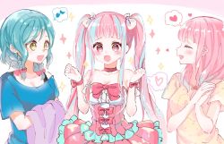 Rule 34 | 10s, 3girls, :d, aqua hair, bang dream!, bare shoulders, blue shirt, blush, bow, bowtie, braid, breasts, choker, cleavage, clenched hands, cosplay, dress, green eyes, hair bow, hana kon (17aaammm), hands up, heart, highres, hikawa hina, holding, holding clothes, long hair, maruyama aya, maruyama aya (cosplay), multiple girls, musical note, nyubara reona, off-shoulder shirt, off shoulder, open mouth, own hands together, pink bow, pink choker, pink dress, pink eyes, pink hair, pink neckwear, shirt, short hair, short sleeves, side braids, sidelocks, smile, sparkle, spoken heart, spoken musical note, strapless, strapless dress, t-shirt, upper body, white bow, wrist bow, yellow shirt