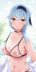 Rule 34 | 1girl, absurdres, akkii (hnahon), bikini, black hairband, blue hair, blush, breasts, choker, cleavage, closed mouth, covered erect nipples, cowboy shot, eula (genshin impact), genshin impact, hairband, highres, light smile, linked piercing, looking at viewer, medium breasts, medium hair, navel, nipple piercing, piercing, see-through bikini, solo, swimsuit, wet, yellow eyes