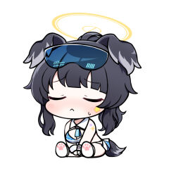 Rule 34 | 1girl, :&lt;, animal ears, bare shoulders, black hair, blue archive, blush, breasts, cheerleader, chibi, closed eyes, closed mouth, crop top, dog ears, dog girl, dog tail, goggles, goggles on head, halo, hibiki (blue archive), hibiki (cheer squad) (blue archive), long hair, looking at viewer, medium breasts, millennium cheerleader outfit (blue archive), official alternate costume, paw print, simple background, skirt, solo, star sticker, sticker on arm, sticker on face, sunglasses, sweatdrop, tail, white background, yukki bunny
