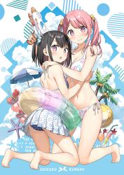 2girls :o abstract_background ball beachball bikini black_hair cloud cocktail coconut coconut_tree feet floral_print_bikini floral_print_skirt flower full_body hair_bobbles hair_ornament hair_scrunchie hibiscus highres holding holding_water_gun house hug kantoku kneeling kurumi_(kantoku) looking_at_viewer multiple_girls one_side_up original palm_tree parasol pink_eyes pink_hair pinup_(style) pleated_skirt polka_dot polka_dot_bikini scrunchie shizuku_(kantoku) skirt smile soles starfish swimsuit tree twintails umbrella water_gun