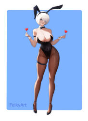 Rule 34 | 1girl, 2b (nier:automata), animal ears, artist name, black bow, black bowtie, black leotard, blue eyes, bow, bowtie, breasts, brown pantyhose, curvy, detached collar, fake animal ears, feikyart, full body, heart, high heels, highleg, highleg leotard, highres, huge breasts, leotard, nier:automata, nier (series), no blindfold, pantyhose, playboy bunny, rabbit ears, short hair, solo, standing, strapless, strapless leotard, thigh strap, white hair, wide hips, wrist cuffs