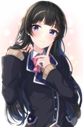 Rule 34 | 1girl, black hair, black jacket, blue eyes, blush, bow, bowtie, braid, buttons, closed mouth, collared shirt, commentary request, french braid, hair ornament, hairclip, hands up, head tilt, highres, jacket, long hair, long sleeves, looking at viewer, nijisanji, pink bow, pink bowtie, satoimo chika, school uniform, shirt, sleeves past wrists, smile, solo, tsukino mito, tsukino mito (1st costume), upper body, virtual youtuber, white shirt, wing collar