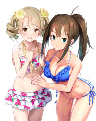 Rule 34 | 2girls, @ @, alternate hairstyle, bikini, blue bikini, blush, breasts, brown eyes, brown hair, cleavage, commentary request, cowboy shot, drill hair, earrings, floral print, flower, flower necklace, frilled bikini, frills, green eyes, hair flower, hair ornament, idolmaster, idolmaster cinderella girls, jewelry, leaning forward, light brown hair, long hair, looking at viewer, medium breasts, morikubo nono, multiple girls, navel, necklace, open mouth, ponytail, shibuya rin, short hair, simple background, smile, sousakubito, stud earrings, swimsuit, twintails, wavy mouth, white background