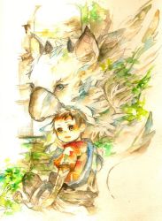 Rule 34 | 1boy, ame sato, brown hair, child, chimera, creature, feathers, griffin, short hair, the boy (the last guardian), the last guardian, trico (character), tunic