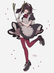 Rule 34 | 1girl, apron, ascot, black dress, black footwear, black hair, blunt bangs, bow, bowtie, brown hair, collared dress, dress, food, frilled apron, frills, full body, gloves, grey gloves, highres, holding, holding food, holding vegetable, long hair, looking at viewer, maco22, maid, maid apron, maid headdress, open mouth, original, puffy short sleeves, puffy sleeves, red ascot, red bow, red bowtie, red eyes, red ribbon, red thighhighs, ribbon, shoes, short sleeves, signature, simple background, sneakers, solo, spring onion, standing, standing on one leg, thighhighs, twintails, vegetable, white apron, white background, white gloves