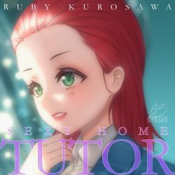 Rule 34 | 1girl, acrylicstroke, album cover, alternate hairstyle, character name, commentary, cover, english commentary, english text, furihata ai, green eyes, highres, jacket, kurosawa ruby, love live!, love live! sunshine!!, parody, photo-referenced, red hair, voice actor connection, signature