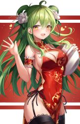 Rule 34 | 1girl, absurdres, armband, bare shoulders, black thighhighs, blush, breasts, china dress, chinese clothes, cleavage, cleavage cutout, clothing cutout, covered navel, crossed bangs, dress, flower, garter straps, green hair, hair flower, hair ornament, hand up, highres, holding, large breasts, long hair, looking at viewer, open mouth, original, red dress, sideboob, smile, solo, thighhighs, tray, ttopang, waving, yellow eyes