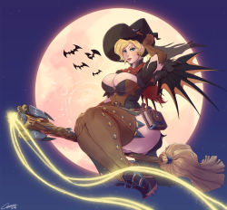 Rule 34 | 1girl, ass, bat (animal), breasts, broom, broom riding, carmessi, cleavage, flying, hat, highres, huge breasts, mercy (overwatch), night, night sky, official alternate costume, overwatch, overwatch 1, sky, solo, thick thighs, thighhighs, thighs, witch hat, witch mercy