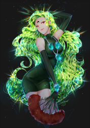 Rule 34 | 1girl, bishoujo senshi sailor moon, black background, black moon clan, closed mouth, crescent, crescent facial mark, dress, elbow gloves, esmeraude (sailor moon), facial mark, forehead mark, gem, gloves, green dress, green gloves, green hair, highres, jewelry, kaminary, long hair, looking at viewer, necklace, red eyes, signature, simple background, smile, solo, wavy hair