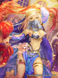Rule 34 | 1girl, arabian clothes, armlet, belly chain, blonde hair, bracelet, breasts, cleavage, company name, detached sleeves, dragon tactics, green eyes, harem outfit, jewelry, long hair, looking at viewer, medium breasts, mole, mole under eye, mouth veil, natsuiro xx, navel, official art, open mouth, original, pelvic curtain, see-through, smile, solo, thigh strap, veil