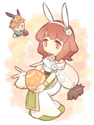 Rule 34 | 1boy, 1girl, alternate costume, animal ears, blue scarf, brown fur, character request, chibi, chibi inset, closed mouth, egg, eyelashes, fire emblem, fire emblem heroes, floral background, flower, haconeri, hat, holding, holding egg, invisible chair, nintendo, orange headwear, rabbit, rabbit ears, red eyes, red hair, scarf, short hair, sitting, smile, solid oval eyes, white background, white flower, white fur