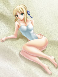 Rule 34 | 00s, absurdres, alternate costume, artoria pendragon (all), artoria pendragon (fate), bare shoulders, barefoot, blonde hair, collarbone, fate/stay night, fate (series), feet, green eyes, highleg, highleg swimsuit, highres, one-piece swimsuit, ribbon, saber (fate), solo, strapless, strapless one-piece swimsuit, swimsuit