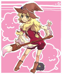 Rule 34 | 1girl, beryl benito, blonde hair, boots, bow, brown eyes, brush, hat, long hair, pink background, ribbon, sheep, smile, tales of (series), tales of hearts, thighhighs, wide sleeves, witch hat