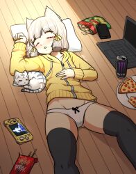 Rule 34 | 1girl, alten, animal ears, artist name, blunt bangs, blush, cameltoe, cat, cat ears, cellphone, chips (food), cleft of venus, computer, energy drink, facial mark, food, grey hair, hair ribbon, hand on own chest, hand up, highres, hood, hoodie, kos-mos, laptop, nia (xenoblade), nintendo switch, no pants, panties, phone, pillow, pizza, pocky, ribbon, short hair, sleeping, solo, thighhighs, underwear, wooden floor, xenoblade chronicles (series), xenoblade chronicles 2