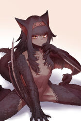 Rule 34 | 1girl, absurdres, animal ears, black hair, breasts, claws, closed mouth, collarbone, commentary request, completely nude, dark-skinned female, dark skin, dragon tail, ekrea jan, fingernails, hair between eyes, hair over breasts, hairband, highres, long fingernails, long hair, long toenails, looking at viewer, monster girl, monster hunter (series), nargacuga, navel, nude, raised eyebrow, red hairband, scales, shadow, simple background, sitting, small breasts, solo, tail, toenails, tsurime, very long hair, wariza, white background, yellow eyes
