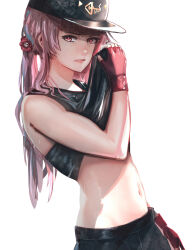 Rule 34 | 1girl, advarcher, black headwear, black shirt, clothes lift, death-sensei (mori calliope), fingerless gloves, flower, gloves, hair flower, hair ornament, highres, hololive, hololive english, long hair, looking at viewer, mori calliope, navel, pink eyes, pink hair, ponytail, shirt, shirt lift, solo, sweat, virtual youtuber, wiping face
