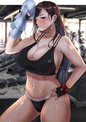 Rule 34 | 1girl, black gloves, black hair, blush, breasts, calvin klein, cleavage, collarbone, dangle earrings, earrings, final fantasy, final fantasy vii, final fantasy vii remake, fingerless gloves, gloves, gym, highres, jewelry, large breasts, long hair, low-tied long hair, midriff, navel, product placement, red eyes, skindentation, solo, sports bra, sports panties, square enix, sweat, swept bangs, thighs, tifa lockhart, tinnies, very long hair