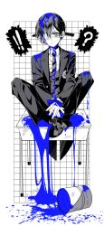Rule 34 | !, !!, 1boy, ?, between legs, bishounen, blue ribbon, ciel phantomhive, closed mouth, earrings, expressionless, eyepatch, hand between legs, highres, jacket, jewelry, kuroshitsuji, leslielll3, looking at viewer, male focus, monochrome, necktie, paint, paint can, paint on clothes, paint splatter, pants, partially colored, ribbon, shirt, shoes, short hair, simple background, sitting, sitting on table, solo, sweatdrop, table, tile wall, tiles, white background
