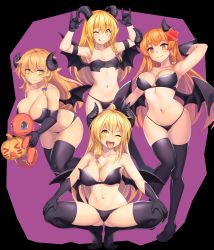 Rule 34 | 1boy, 3girls, ;q, ahoge, arm up, armband, armpits, arms up, azusa (cookie), bandeau, bare arms, bare shoulders, black background, black footwear, black gloves, black panties, blonde hair, blush, boots, bow, breasts, charmander, collarbone, commentary request, cookie (touhou), creatures (company), crossover, demon girl, demon horns, demon wings, elbow gloves, fang, flame-tipped tail, game freak, gen 1 pokemon, gloves, gluteal fold, green eyes, hair between eyes, hair bow, hair ornament, highres, holding, holding pokemon, horns, jack-o&#039;-lantern, kirisame marisa, large breasts, long hair, looking at viewer, m/, mars (cookie), midriff, multiple girls, navel, nintendo, one eye closed, open mouth, orange eyes, orange hair, panties, pokemon, pokemon (creature), purple background, purple bow, rei (cookie), small breasts, spread legs, squatting, standing, star (symbol), star hair ornament, stomach, strapless, tarmo, thigh boots, thighhighs, thighs, tongue, tongue out, touhou, trap, tube top, two-tone background, underwear, uzuki (cookie), wings, yellow eyes