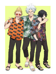 Rule 34 | 3boys, arm around shoulder, bags under eyes, bandaid, bandaid on face, bandaid on nose, black footwear, black hair, black pants, blonde hair, blue eyes, boku no hero academia, border, checkered footwear, closed mouth, collared shirt, commentary request, eraser head (boku no hero academia), full body, grey hair, hawaiian shirt, highres, looking at viewer, looking to the side, loud cloud, male focus, multicolored shirt, multiple boys, open mouth, orange shirt, pants, present mic, red-tinted eyewear, rnuyvm, sandals, shirt, short sleeves, teeth, tinted eyewear, toenails, white border, white footwear