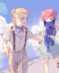 Rule 34 | 1boy, 1girl, absurdres, ascot, blonde hair, blue eyes, child, highres, holding hands, jojo no kimyou na bouken, lens flare, looking back, mary janes, pink hair, prosciutto, reflection, shoes, short hair, short ponytail, stuffed animal, stuffed cat, stuffed toy, suspenders, trish una, vento aureo, yepnean, aged down