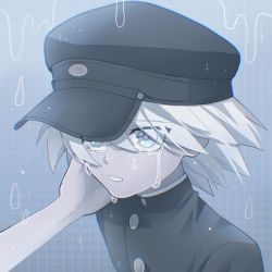 Rule 34 | 1boy, 1other, black headwear, black jacket, buttons, cheer (cheerpuppy14), crying, danganronpa (series), danganronpa v3: killing harmony, gradient background, grey background, hand on another&#039;s cheek, hand on another&#039;s face, highres, jacket, k1-b0, male focus, official alternate costume, solo focus, tears, upper body