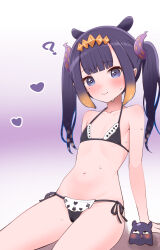 Rule 34 | 1girl, ?, arm support, bare arms, bare shoulders, bikini, black bikini, blue eyes, blunt bangs, blush, bright pupils, closed mouth, collarbone, commentary request, drooling, flat chest, gradient background, gradient hair, hair ornament, halterneck, heart, hololive, hololive english, kani bonara, long hair, looking at viewer, mole, mole under eye, multicolored hair, navel, ninomae ina&#039;nis, orange hair, pointy ears, purple hair, side-tie bikini bottom, sitting, smile, stomach, string bikini, swimsuit, takodachi (ninomae ina&#039;nis), tentacle hair, thighs, twintails, virtual youtuber, white pupils
