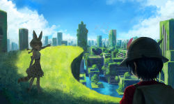 Rule 34 | 10s, 2girls, :d, animal ears, backpack, bag, bare shoulders, bird, black hair, blue sky, bow, bowtie, brown bow, brown footwear, brown gloves, brown hair, brown neckwear, brown skirt, building, cityscape, cliff, cloud, commentary request, day, elbow gloves, extra ears, facing away, flood, gloves, grass, grey shirt, hair between eyes, hat feather, helmet, high-waist skirt, highres, kaban (kemono friends), kemono friends, landscape, looking at another, looking to the side, moss, multiple girls, ocean, open mouth, outdoors, outstretched arm, pith helmet, pointing, print gloves, print neckwear, print skirt, red shirt, ruins, scenery, serval (kemono friends), serval print, serval tail, shade, shirt, short hair, sion (9117), skirt, sky, skyscraper, sleeveless, sleeveless shirt, smile, standing, striped tail, tail, tree, yellow eyes