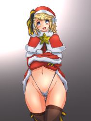 Rule 34 | 1girl, black background, black thighhighs, blonde hair, blue eyes, blush, christmas, clothes lift, cowboy shot, depo, elbow gloves, gloves, gradient background, hat, highres, kagamine rin, looking at viewer, navel, open mouth, santa costume, santa hat, short hair, skirt, skirt lift, smile, solo, thigh gap, thighhighs, thong, vocaloid