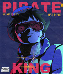 Rule 34 | 1boy, absurdres, angry, black hair, character name, closed mouth, commentary, copyright name, english commentary, english text, goggles, hat, highres, jewelry, jolly roger, jongsac, monkey d. luffy, necklace, one piece, pop art, zipper pull tab